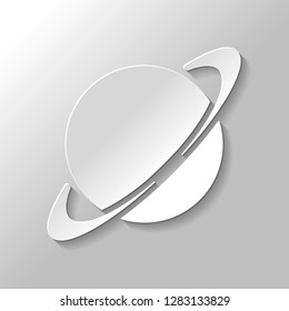 Planet with line of orbit, astronomy icon. Paper style with shadow on gray background