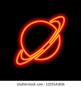 Planet with line of orbit, astronomy icon. Orange neon style on black background. Light icon