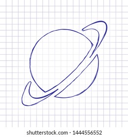 Planet with line of orbit, astronomy icon. Hand drawn picture on paper sheet. Blue ink, outline sketch style. Doodle on checkered background