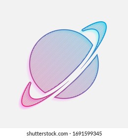 Planet with line of orbit, astronomy icon. Colored logo with diagonal lines and blue-red gradient. Neon graphic, light effect