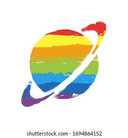 Planet with line of orbit, astronomy icon. Drawing sign with LGBT style, seven colors of rainbow (red, orange, yellow, green, blue, indigo, violet
