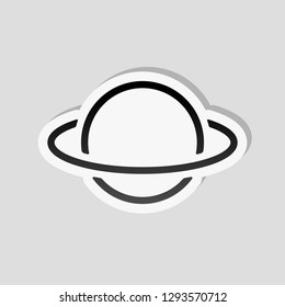 Planet with line of orbit, outline linear icon. Sticker style with white border and simple shadow on gray background