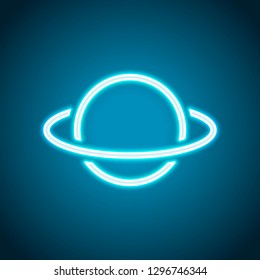 Planet with line of orbit, outline linear icon. Neon style. Light decoration icon. Bright electric symbol