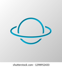 Planet with line of orbit, outline linear icon. Paper design. Cutted symbol with shadow