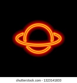 Planet with line of orbit, outline linear icon. Orange neon style on black background. Light icon