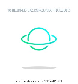 Planet with line of orbit, outline linear icon. Colorful logo concept with simple shadow on white. 10 different blurred backgrounds included