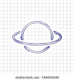 Planet with line of orbit, outline linear icon. Hand drawn picture on paper sheet. Blue ink, outline sketch style. Doodle on checkered background