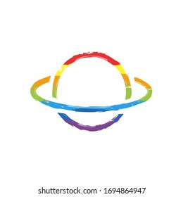 Planet with line of orbit, outline linear icon. Drawing sign with LGBT style, seven colors of rainbow (red, orange, yellow, green, blue, indigo, violet