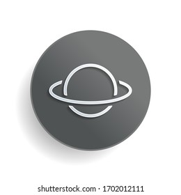 Planeta con línea de órbita, icono lineal de contorno. Símbolo de papel blanco sobre botón redondo gris o insignia con sombra
