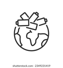 A planet littered with piles of batteries, linear icon. The problem of recycling batteries and accumulators. Line with editable stroke