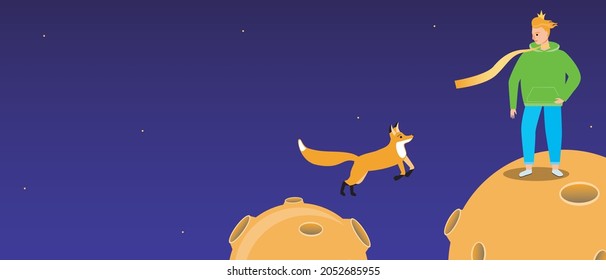 Planet Little Prince with a fox, copy space template. Flat vector stock illustration. Hero Little Prince. Fox as a friend. Template for design. Illustration for the book The Little Prince