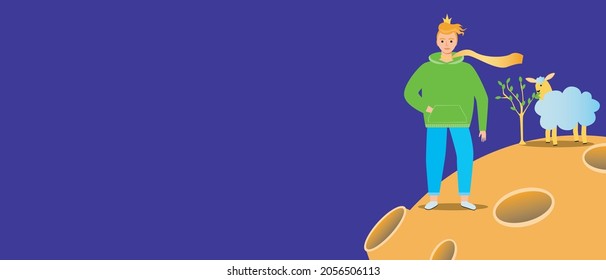 Planet little prince with sheep, copy space template. Flat vector stock illustration. Hero Little Prince. Sheep and baobabs. Template for design. Illustration for the book The Little Prince