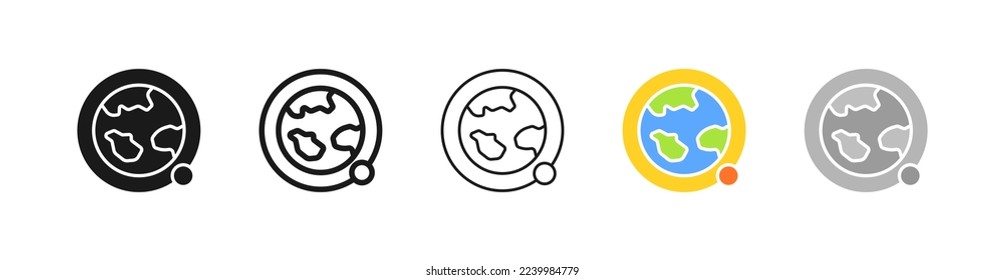 Planet with location pointers set icon. Destination, route, place, cartography, travel, tourism, globe, navigation equipment, geolocation, gps. Geography concept. Vector five icon in different style