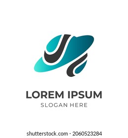 Planet-Logo-Design-Konzept-Vektorgrafik mit florblauem und grauem Farbstil