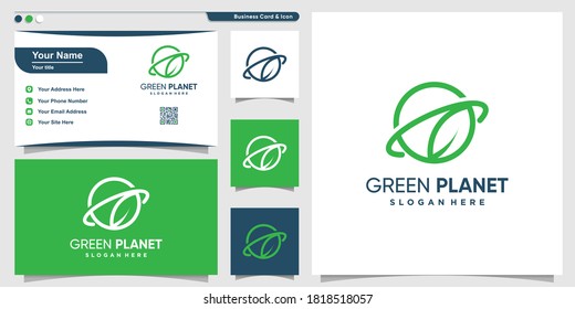 Planet logo with modern green leaf line art style and business card design Premium Vector