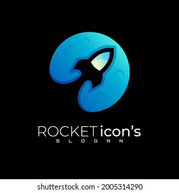 Planet logo and rocket logo design combination, blue color