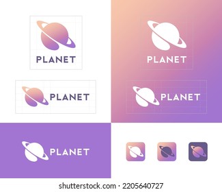 Planet logo. Saturn planet emblem. Sphere with ring. Identity, corporate style, app button set.