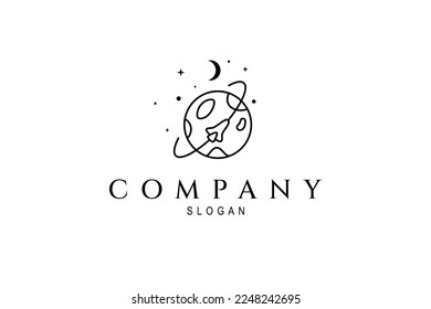 Planet logo with spaceship decorated crescent moon and stars in line art design style
