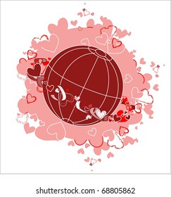 Planet of love. Planet earth surrounded by a ring of hearts and ribbons in a pink cloud of hearts.