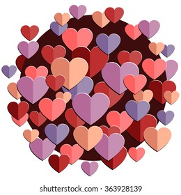Planet of Love. Romantic background. Red. pink, purple paper hearts vector illustration.