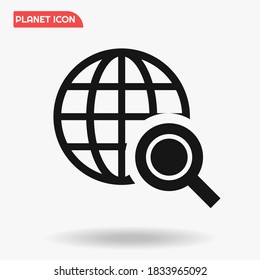 Planet with magnifying glass vector icon, surfing the internet linear black icon.