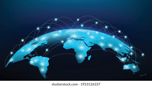 Planet map with global social network connections. Satellite Internet, modern Internet data transmission technologies.