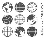 Planet map globe icons. Vector earth symbols, world globus pictograms, traveler wide geography symbol or eco space explore icon set