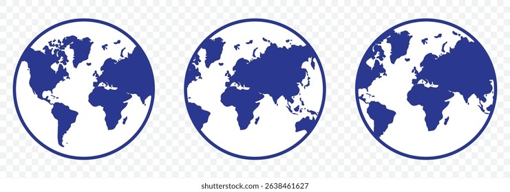 Planet map globe icons. Vector earth symbols, world globus pictograms, traveler wide geography symbol or eco space explore icon set In Blue Color on Transparent Background. EPS 10.