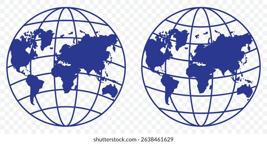 Planet map globe icons. Vector earth symbols, world globus pictograms, traveler wide geography symbol or eco space explore icon set In Blue Color on Transparent Background. EPS 10.