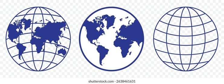 Planet map globe icons. Vector earth symbols, world globus pictograms, traveler wide geography symbol or eco space explore icon set In Blue Color on Transparent Background. EPS 10.