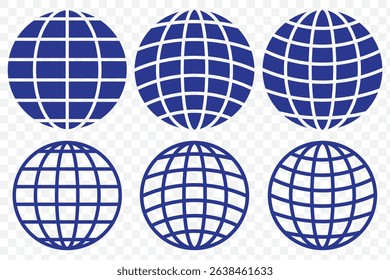 Planet map globe icons. Vector earth symbols, world globus pictograms, traveler wide geography symbol or eco space explore icon set In Blue Color on Transparent Background. EPS 10.