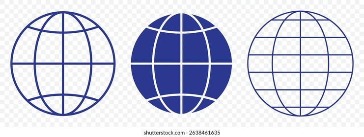 Planet map globe icons. Vector earth symbols, world globus pictograms, traveler wide geography symbol or eco space explore icon set In Blue Color on Transparent Background. EPS 10.