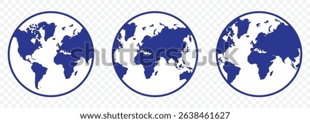 Planet map globe icons. Vector earth symbols, world globus pictograms, traveler wide geography symbol or eco space explore icon set In Blue Color on Transparent Background. EPS 10.