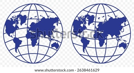 Planet map globe icons. Vector earth symbols, world globus pictograms, traveler wide geography symbol or eco space explore icon set In Blue Color on Transparent Background. EPS 10.