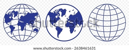 Planet map globe icons. Vector earth symbols, world globus pictograms, traveler wide geography symbol or eco space explore icon set In Blue Color on Transparent Background. EPS 10.