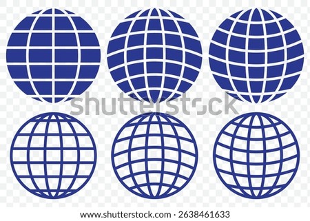 Planet map globe icons. Vector earth symbols, world globus pictograms, traveler wide geography symbol or eco space explore icon set In Blue Color on Transparent Background. EPS 10.