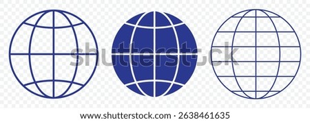 Planet map globe icons. Vector earth symbols, world globus pictograms, traveler wide geography symbol or eco space explore icon set In Blue Color on Transparent Background. EPS 10.