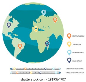 Planet With Map Marks. Level Of Environmental Problems On Earth. Map Legend With Colorful Symbols Vector Illustration. Marked Land With Green Continents And Blue Waters Isolated On White Background