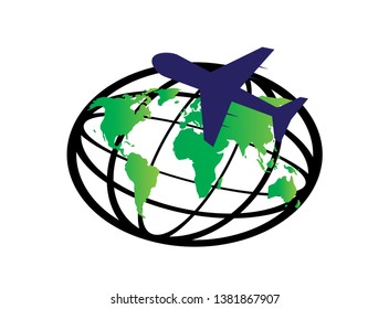 planet map and plane around the world for logo design vector, globe icon, travel symbol