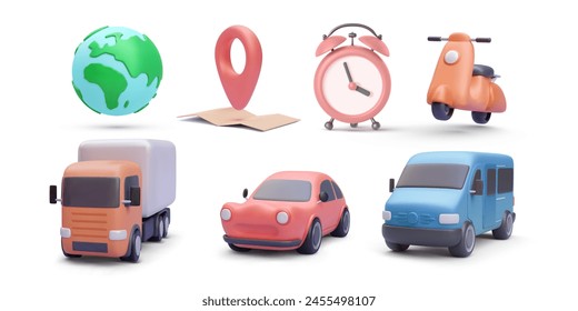 Planet, map, watch, scooter, truck, car, van in 3d realistic style isolated on white background. Vector illustration