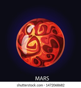 Planet Mars 3D cartoon vector illustration. Spherical red planet with illuminated surface with craters and relief isolated on dark blue cosmic background