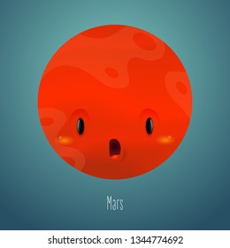 Planet Mars in the background of space. Cute funny character