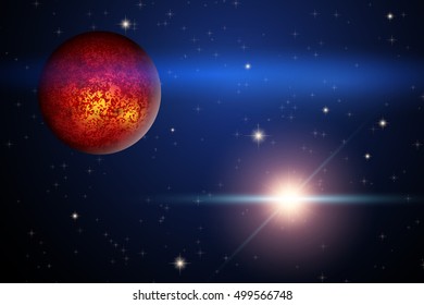 The Planet Mars and bright star in space. Abstract scientific background. Editable Vector Illustration.