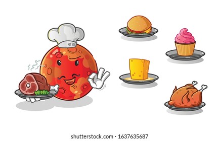 planet mars chef with many types of food cartoon. including cheese, burgers, cupcakes, chicken and beef. cute chibi cartoon mascot vector