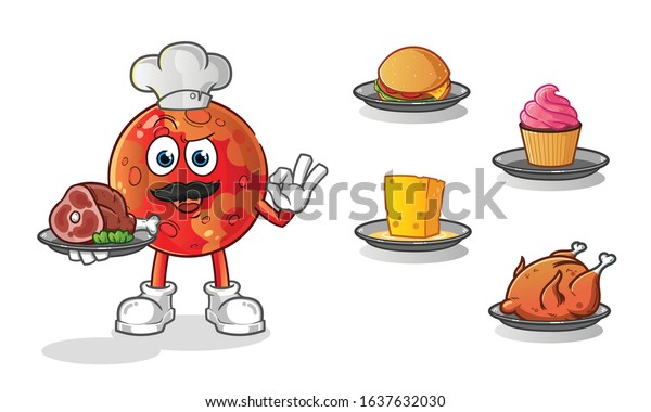 planet mars chef with many types of food cartoon.\
including cheese, burgers, cupcakes, chicken and beef. cartoon\
mascot vector