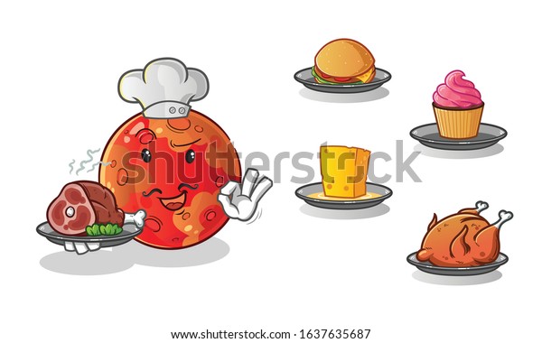 planet mars chef with many types of food cartoon.\
including cheese, burgers, cupcakes, chicken and beef. cute chibi\
cartoon mascot vector