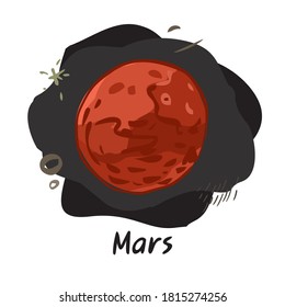 Planet Mars drawn with a sketch-style line against the background of space isolated on white. Symbol of the planet of the solar system for nursery, books, astrology. Flat cartoon vector illustration.