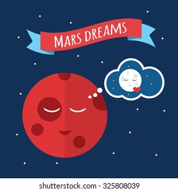 Planet Mars. The planet Mars is dreaming of the moon. Mars likes the moon. Vector illustration in a flat style.