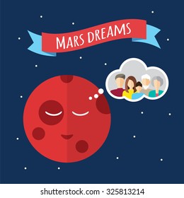 The planet Mars is dreaming of relocating people. Relocation of people to Mars. Vector illustration in a flat style.