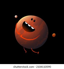 Planet Mars funny character kids, isolated on black. Planetary emoji cartoon design, laughing Mars planet for children. Vector illustration.